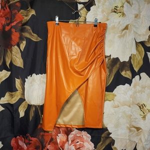 Burnt orange solid wrap hem PU leather skirt (XL)